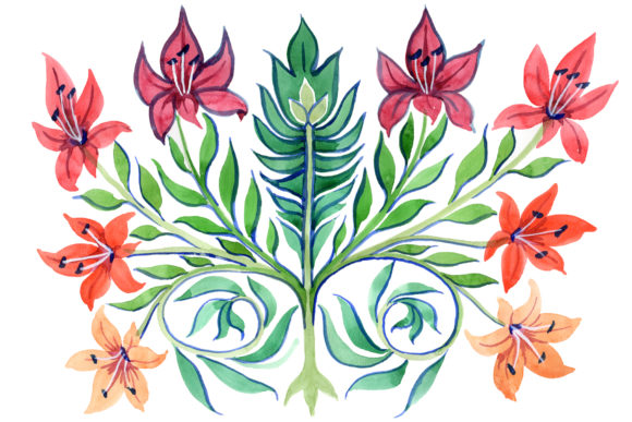 Ancient Kiev Ornament Flower Watercolor Set and Illustrations