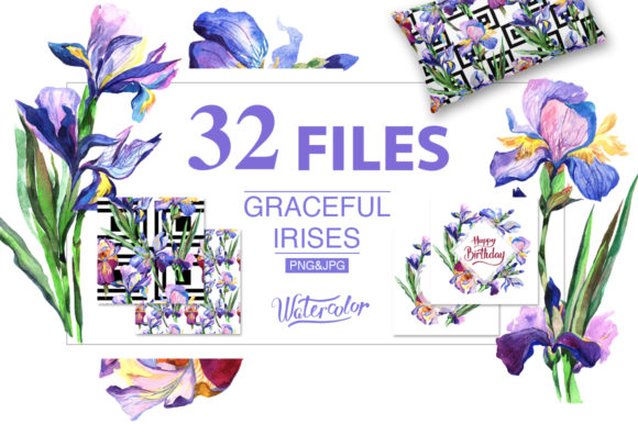 Blue Irises Watercolor Flowers Set Illustrations