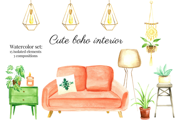 Bohemian Interior, Watercolor Home Decor Illustrations