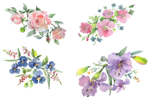Bouquet Clear Morning Pink and Blue Watercolor Illustrations