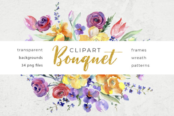Bouquet Flowers Colorful Mix Watercolor Png Illustrations