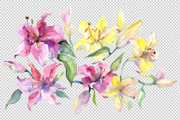 Bouquet with Lilies Pink and Yellow Watercolor Illustrations