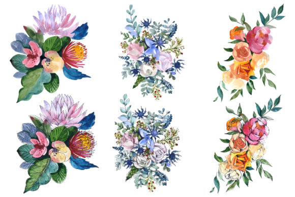 Bouquets with Wildflowers, Roses, Leaves Watercolor Png