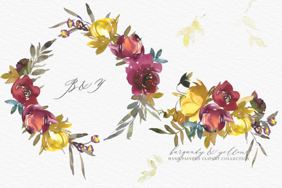 Burgundy Yellow Watercolor Fall Clipart & Illustrations