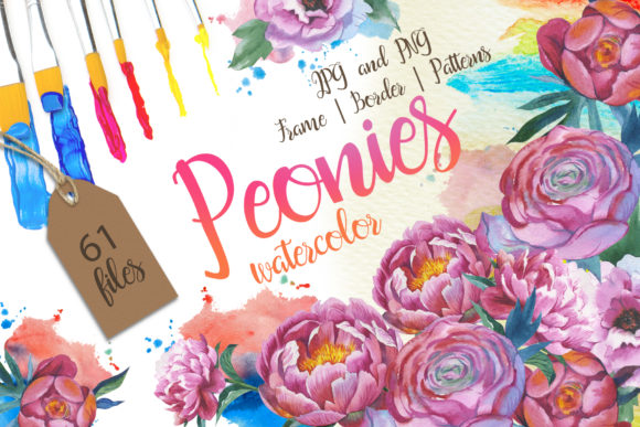 Colorful Peonies Watercolor Flower Set Illustrations