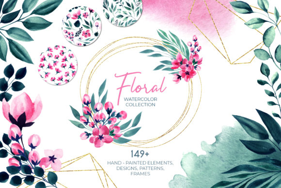 Floral Watercolor Collection. Pink Green Illustrations