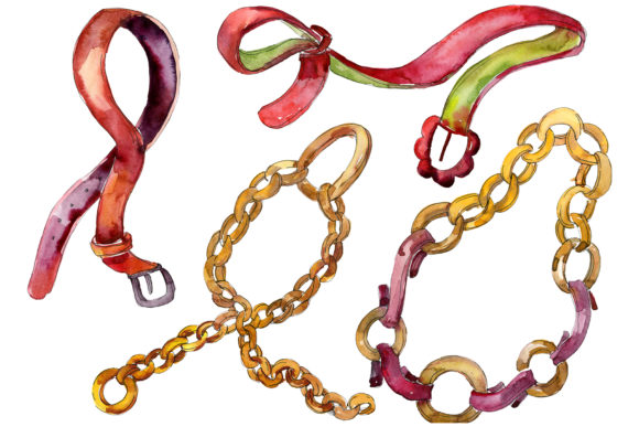 Stylish Chains, Leather Belts Watercolor Illustrations