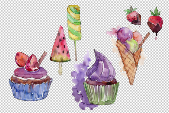 Watercolor Mix Cool Ice Cream Set Illustrations
