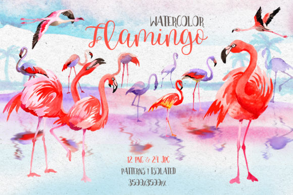 Watercolor Pink Flamingo PNG Set & Illustrations