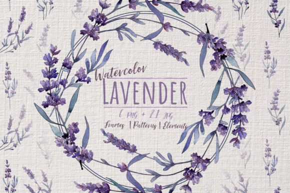 Wonderful Violet Lavender Watercolor Set Illustrations